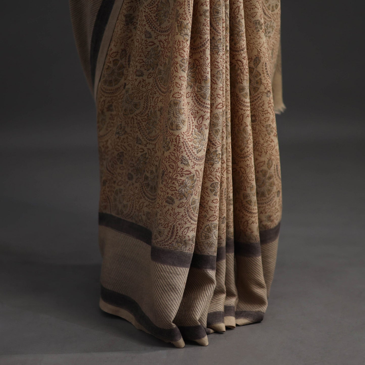Beige Pedana Block Print Merino Wool Kalamkari Saree
