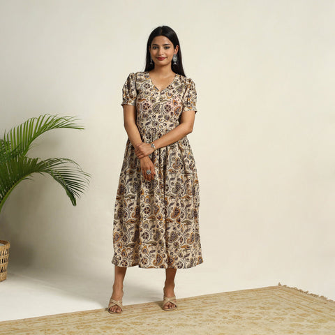 Pedana Block Print Mul Cotton Flared Kalamkari Dress