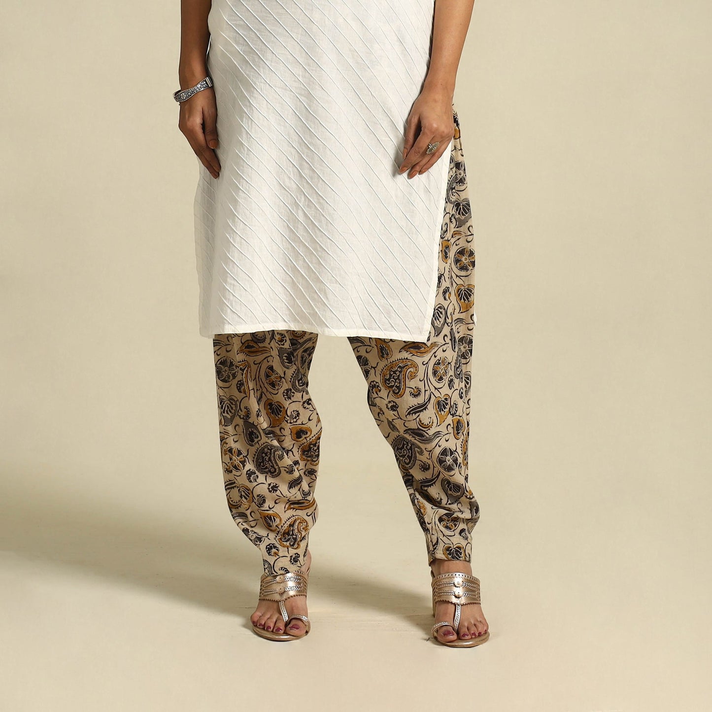  Beige Pedana Block Print Mul Cotton Kalamkari Salwar