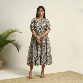 Pedana Block Print Mul Cotton Tiered Beige Kalamkari Dress