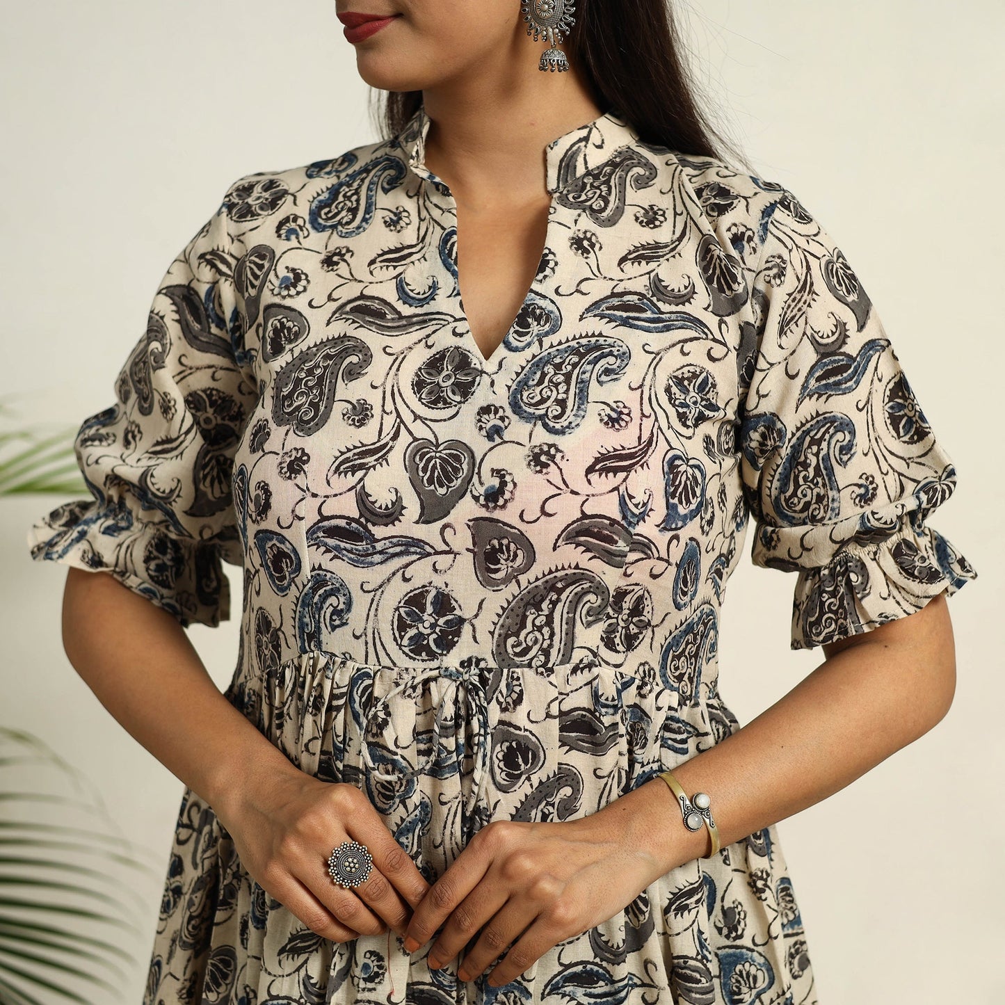 Pedana Block Print Mul Cotton Tiered Beige Kalamkari Dress
