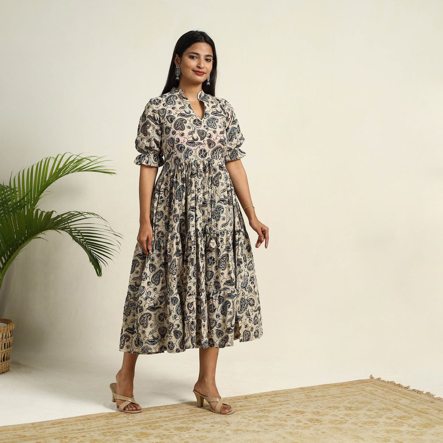Pedana Block Print Mul Cotton Tiered Beige Kalamkari Dress