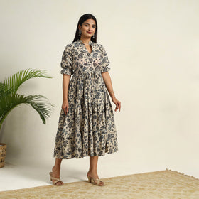 Pedana Block Print Mul Cotton Tiered Beige Kalamkari Dress