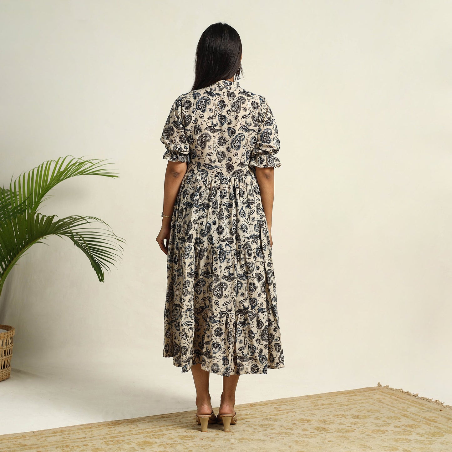 Pedana Block Print Mul Cotton Tiered Beige Kalamkari Dress