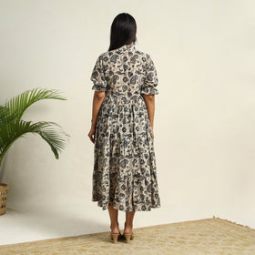 Pedana Block Print Mul Cotton Tiered Beige Kalamkari Dress