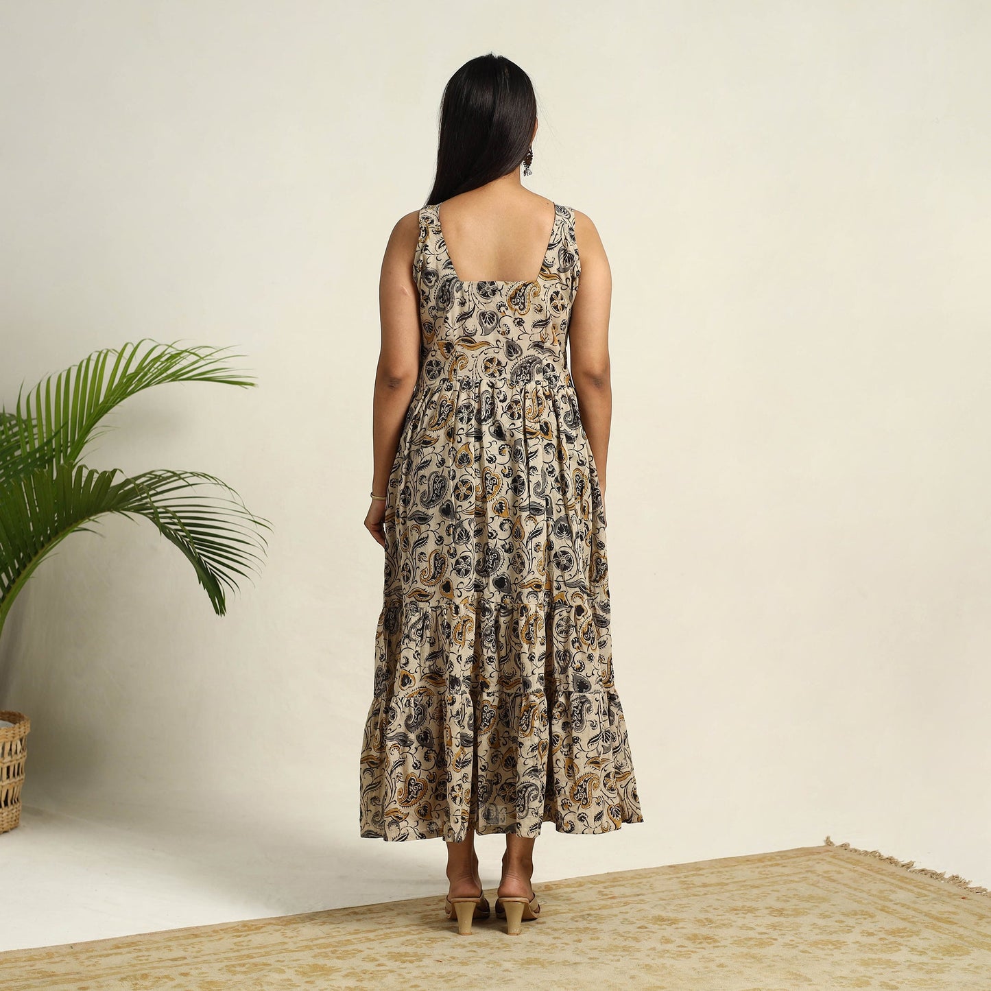 Pedana Block Print Mul Cotton Tiered Beige Kalamkari Dress