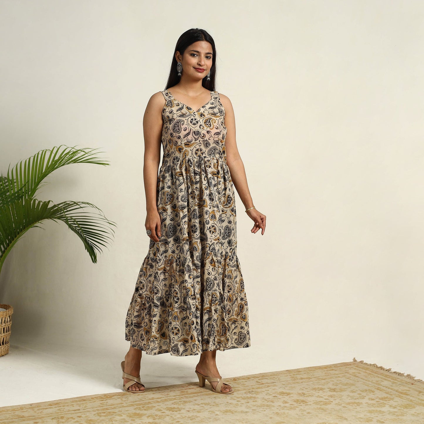 Pedana Block Print Mul Cotton Tiered Beige Kalamkari Dress