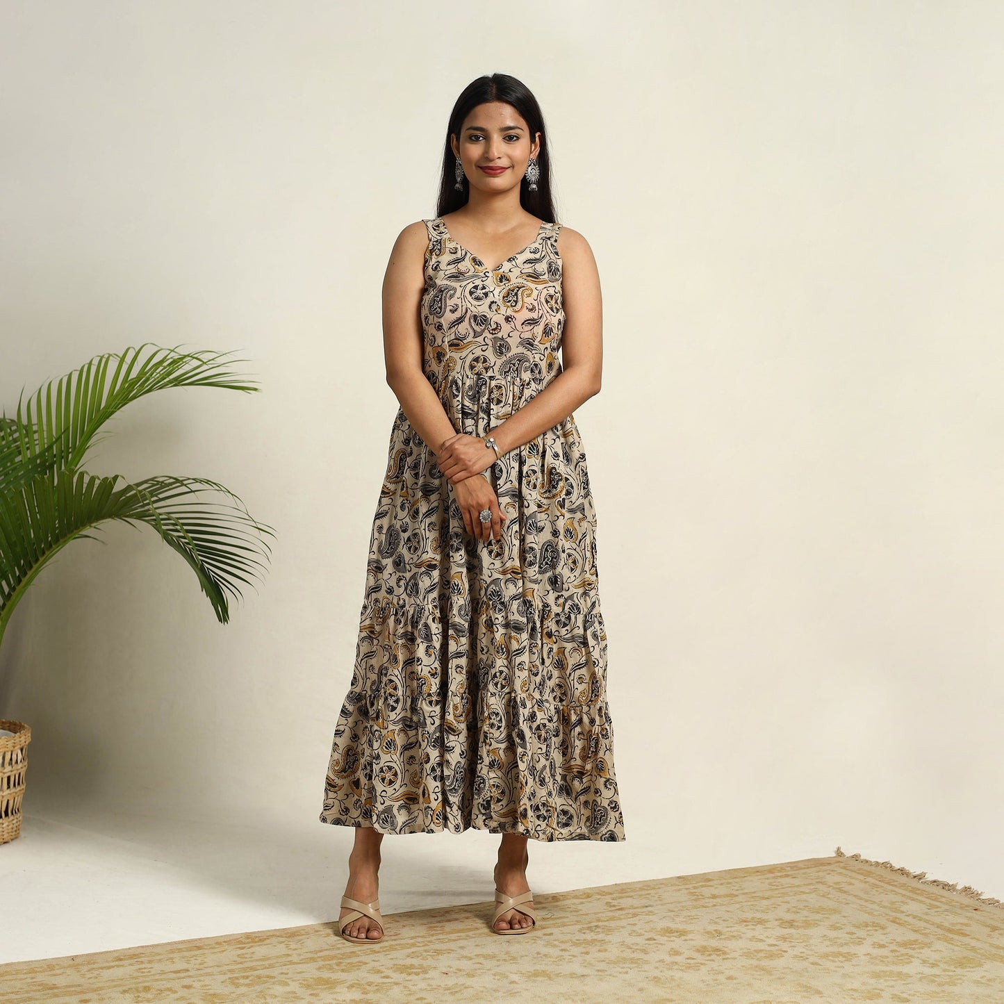 Pedana Block Print Mul Cotton Tiered Beige Kalamkari Dress