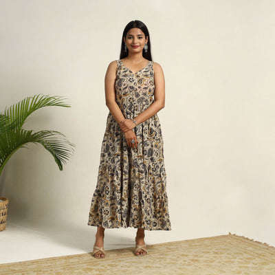 Pedana Block Print Mul Cotton Tiered Beige Kalamkari Dress