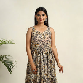 Pedana Block Print Mul Cotton Tiered Beige Kalamkari Dress