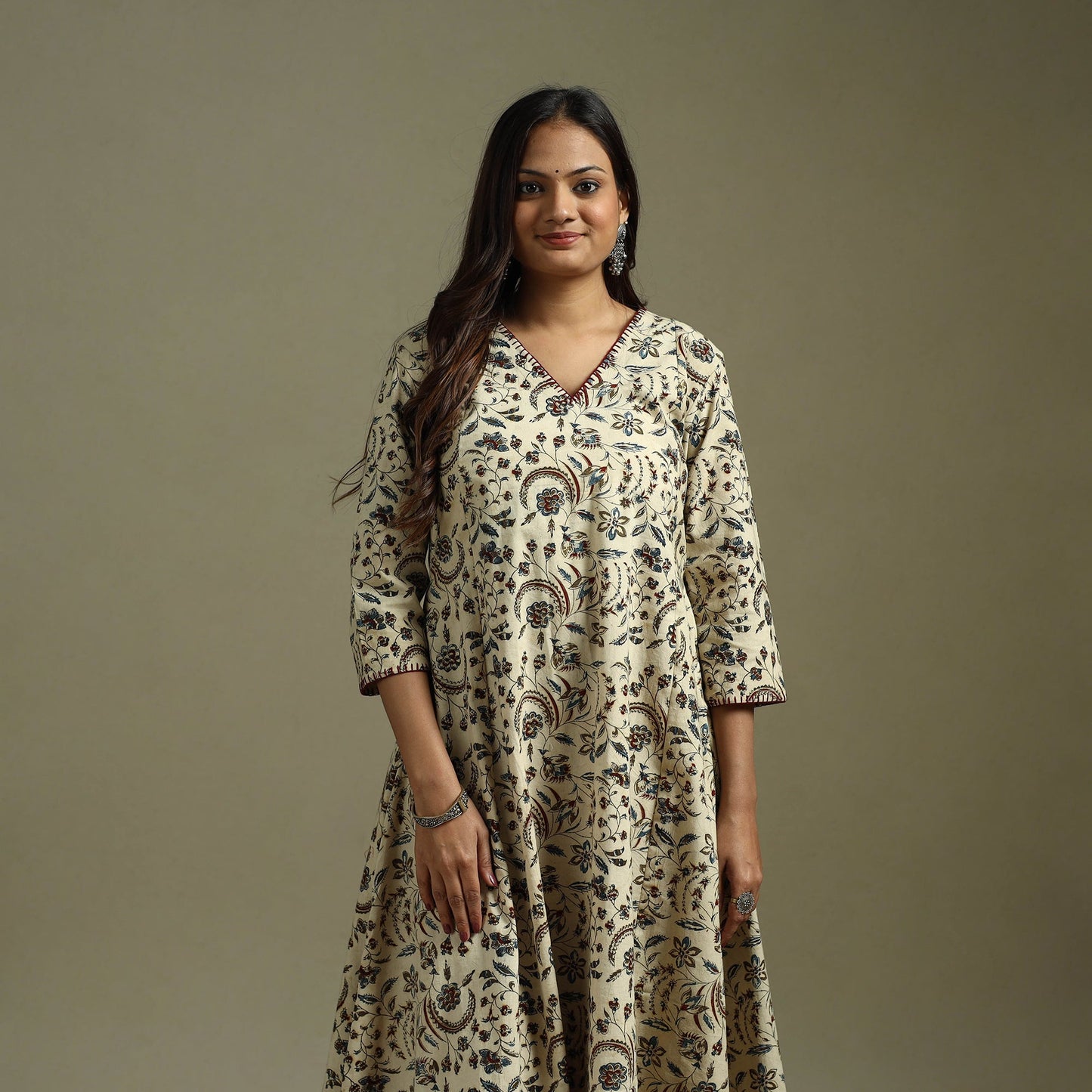 Beige - pedana natural dyed cotton hand embroidery a-line