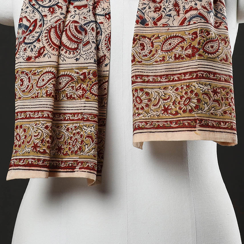 Beige Pedana Block Print Natural Dyed Cotton Kalamkari Stole