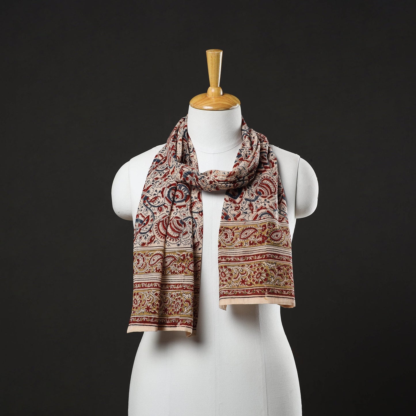 Beige Pedana Block Print Natural Dyed Cotton Kalamkari Stole