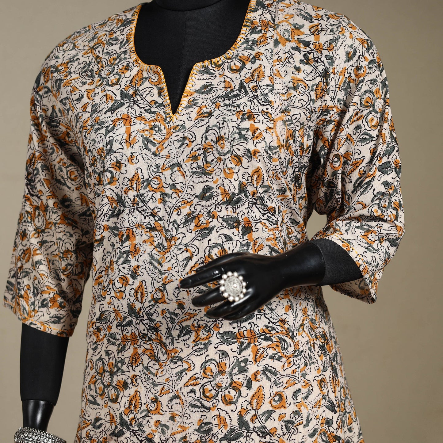 Beige - pedana natural dyed cotton a-line hand embroidery