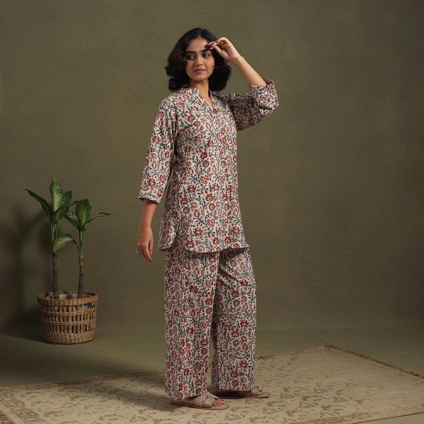 Beige Pedana Natural Dyed Block Print Kalamkari Co-ord Set 