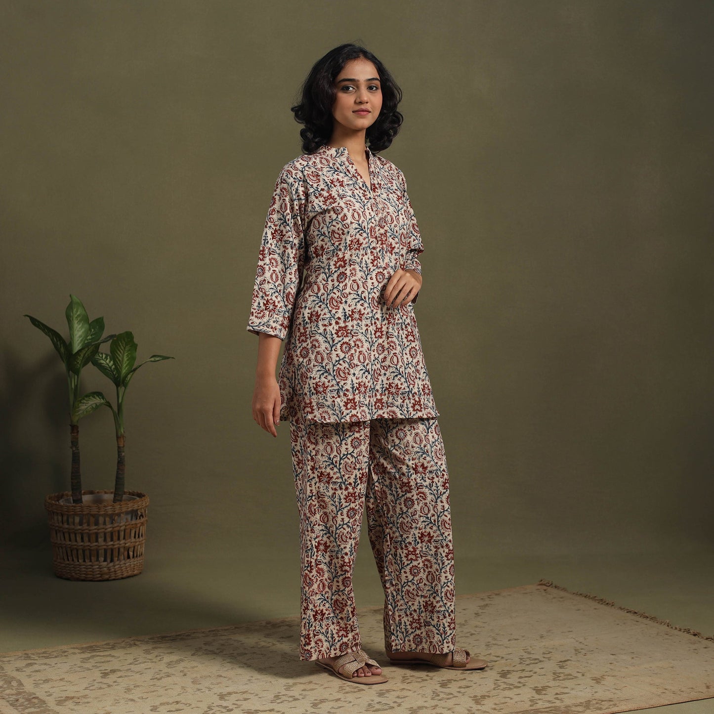 Beige Pedana Natural Dyed Block Print Kalamkari Co-ord Set 