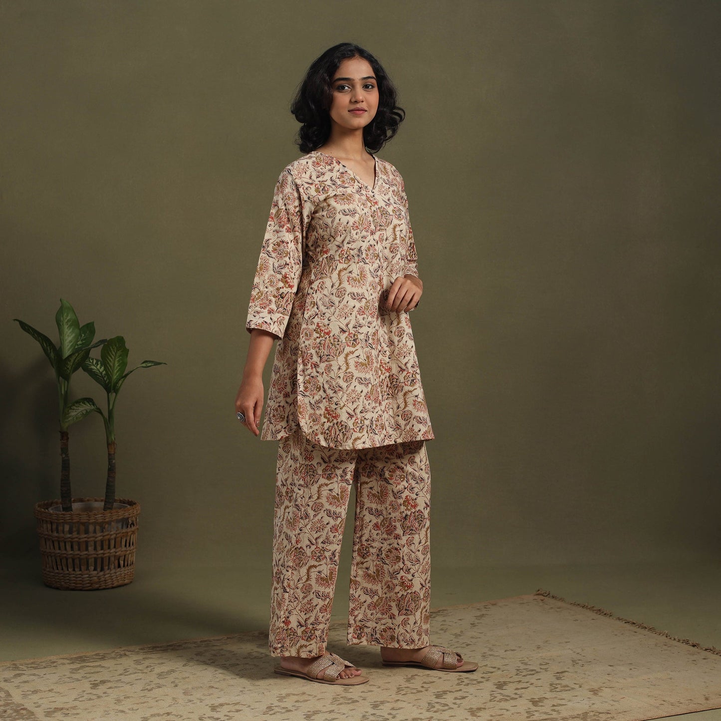 Beige Pedana Natural Dyed Block Print Kalamkari Co-ord Set 