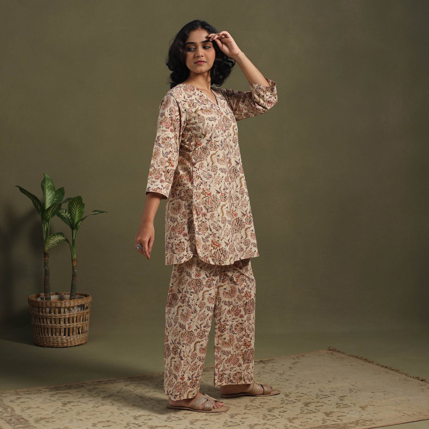Beige Pedana Natural Dyed Block Print Kalamkari Co-ord Set 