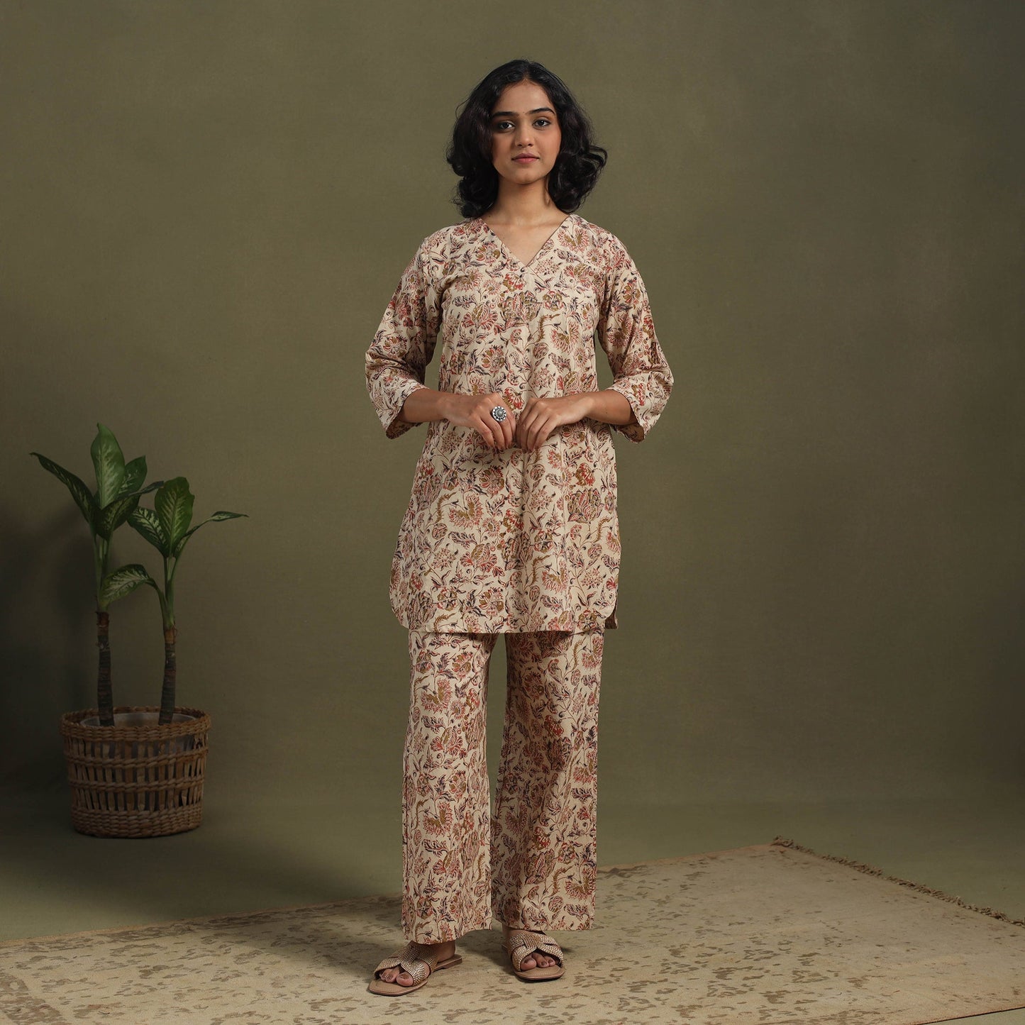 Beige Pedana Natural Dyed Block Print Kalamkari Co-ord Set 