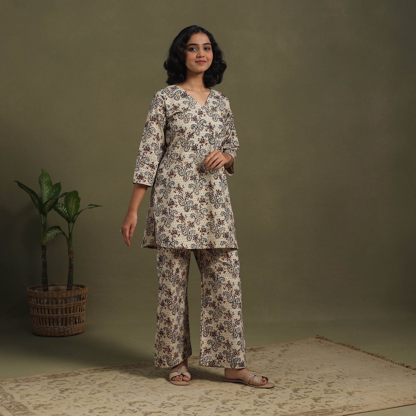 Beige Pedana Natural Dyed Block Print Kalamkari Co-ord Set 