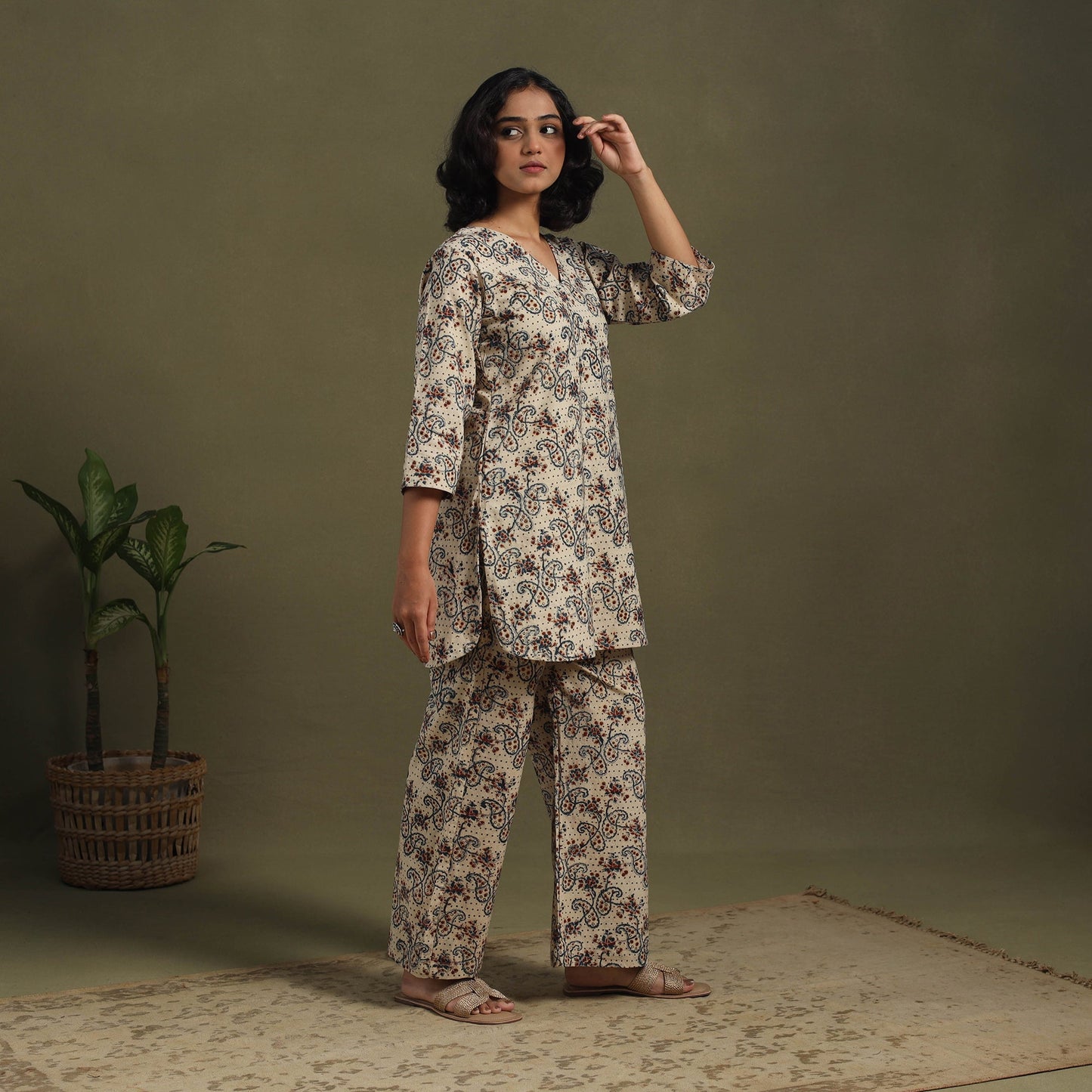 Beige Pedana Natural Dyed Block Print Kalamkari Co-ord Set 