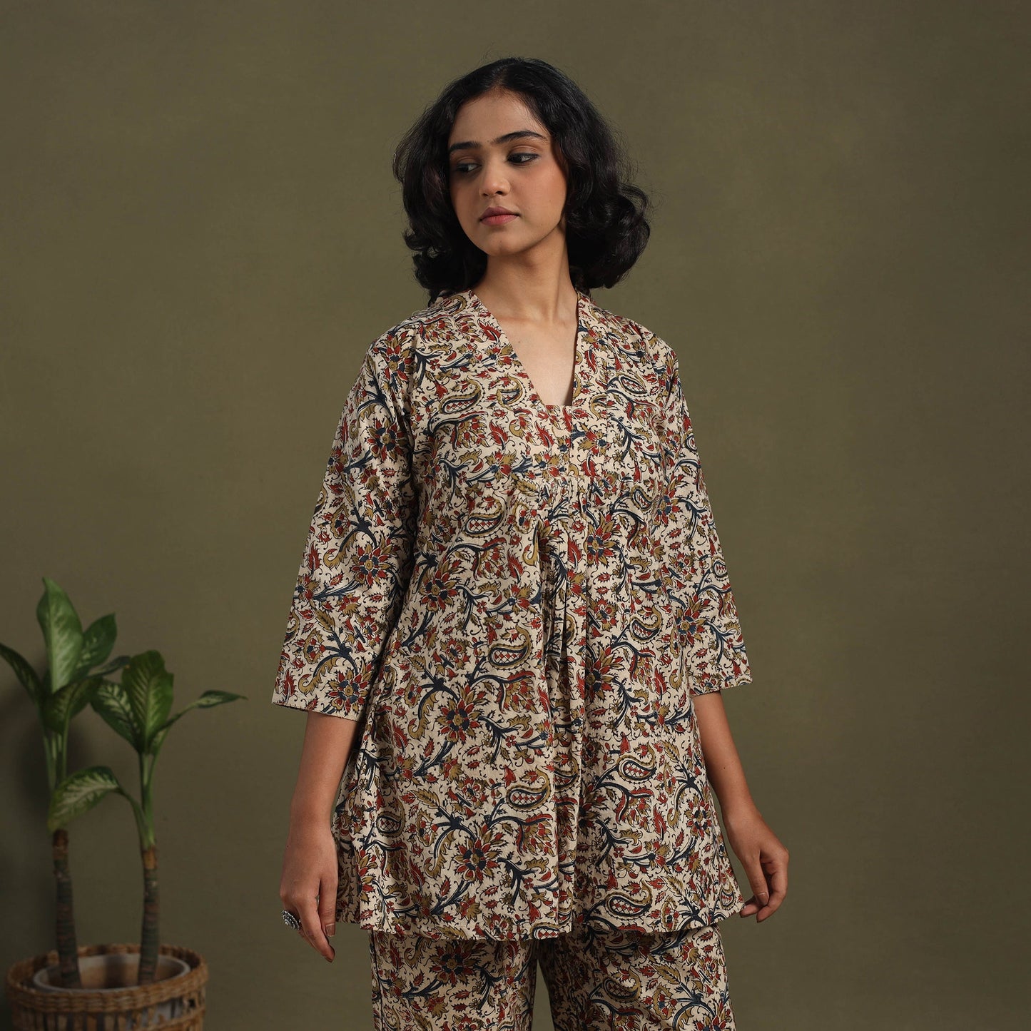 Beige Pedana Natural Dyed Block Print Kalamkari Co-ord Set 