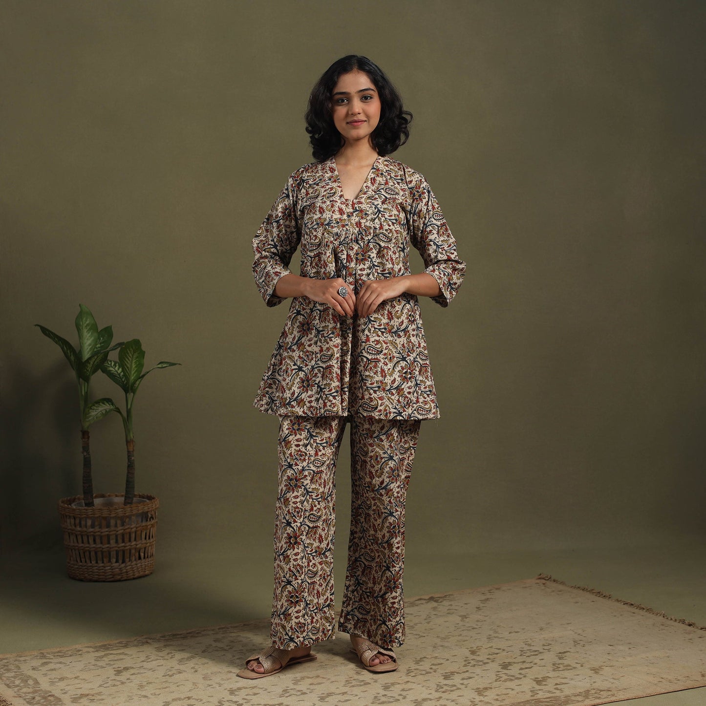 Beige Pedana Natural Dyed Block Print Kalamkari Co-ord Set 