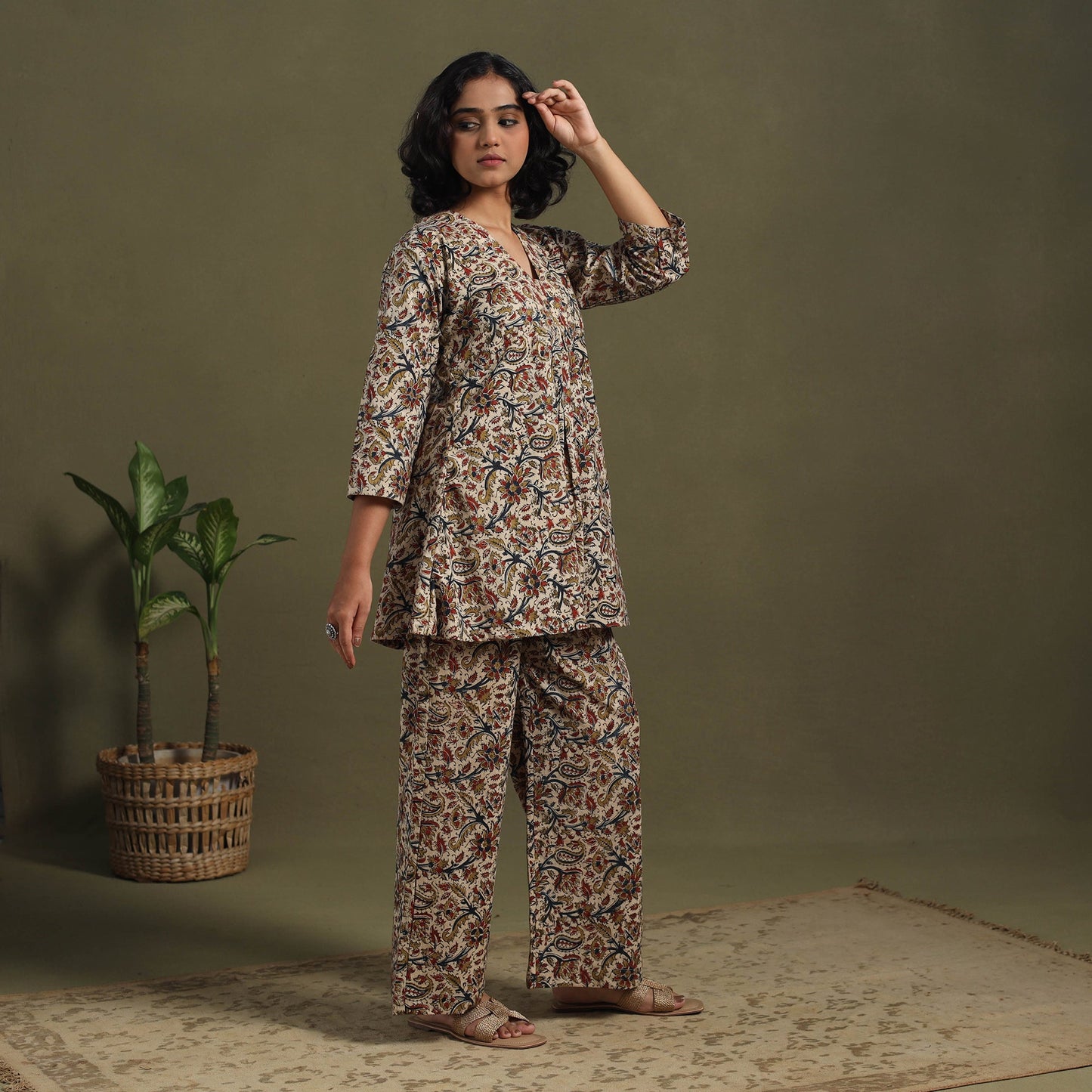 Beige Pedana Natural Dyed Block Print Kalamkari Co-ord Set 