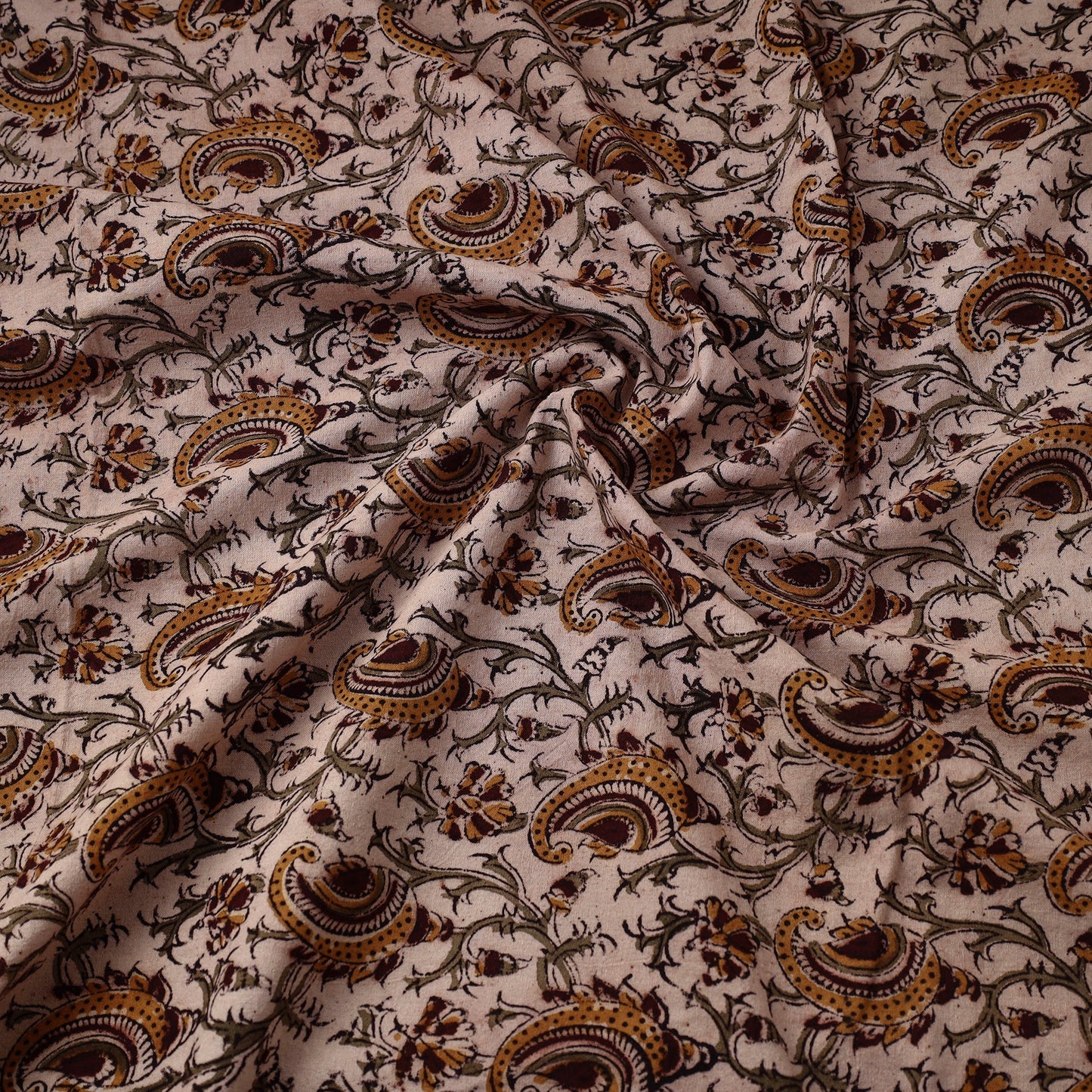Beige Pedana Block Printed Cotton Kalamkari Fabric