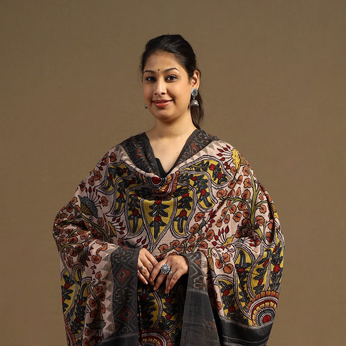 Beige - pen work cotton ikat border handpainted kalamkari