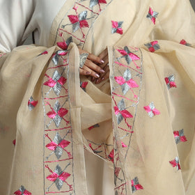 Beige Phulkari Hand Embroidery Kota Doria Chanderi Silk Dupatta