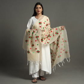Beige Phulkari Hand Embroidery Kota Doria Chanderi Silk Dupatta
