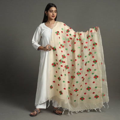 Beige Phulkari Hand Embroidery Kota Doria Chanderi Silk Dupatta
