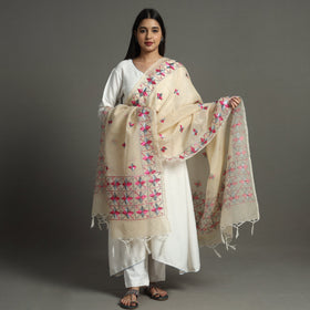 Beige Phulkari Hand Embroidery Kota Doria Chanderi Silk Dupatta