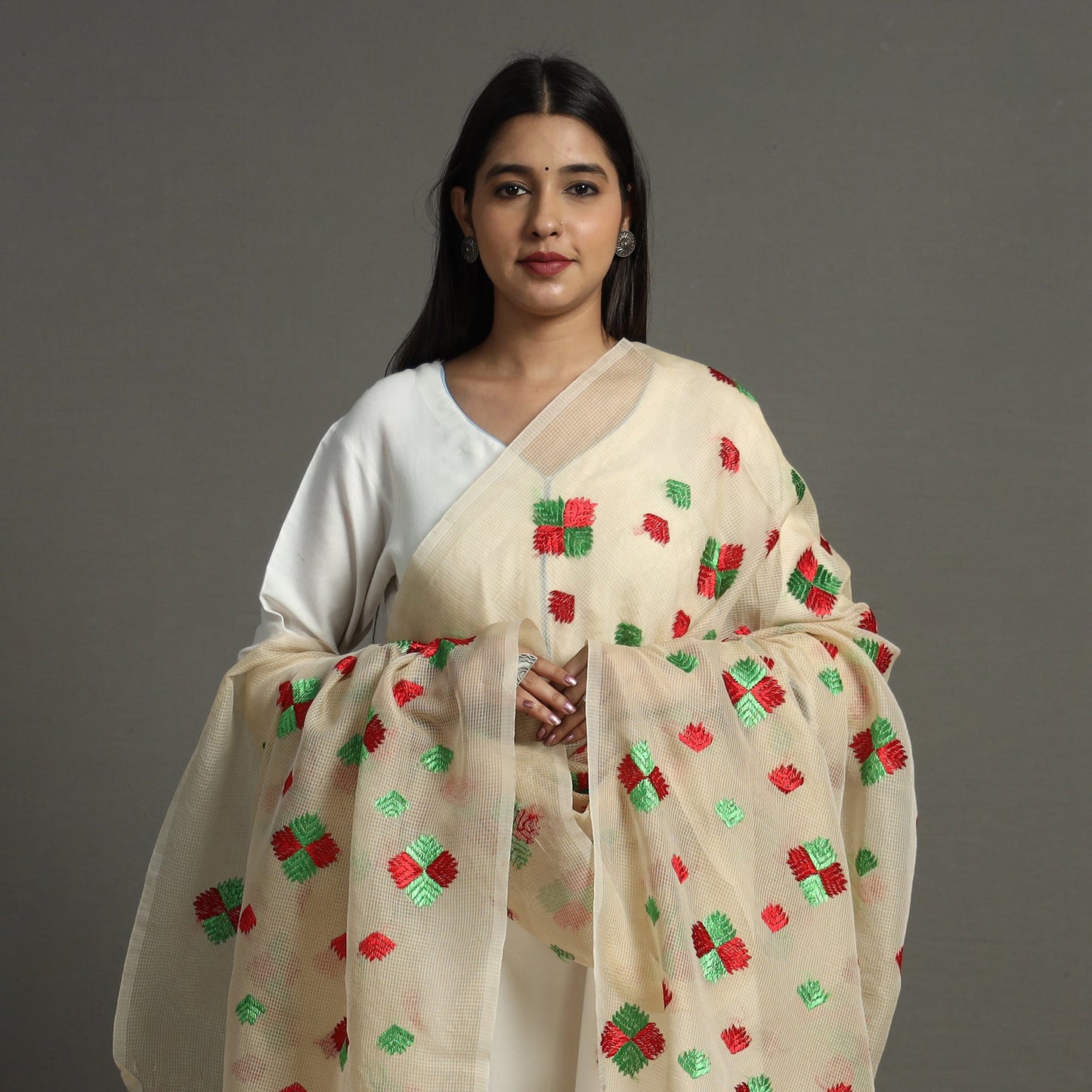 Beige Phulkari Hand Embroidery Kota Doria Chanderi Silk Dupatta