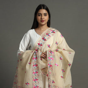 Beige Phulkari Hand Embroidery Kota Doria Chanderi Silk Dupatta