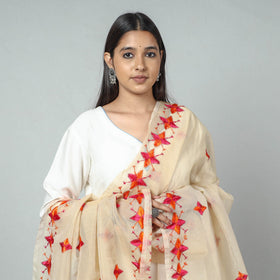Beige Phulkari Hand Embroidery Kota Doria Silk Dupatta