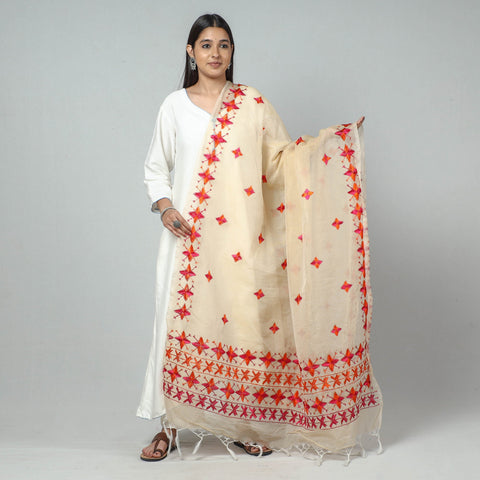 Beige Phulkari Hand Embroidery Kota Doria Silk Dupatta
