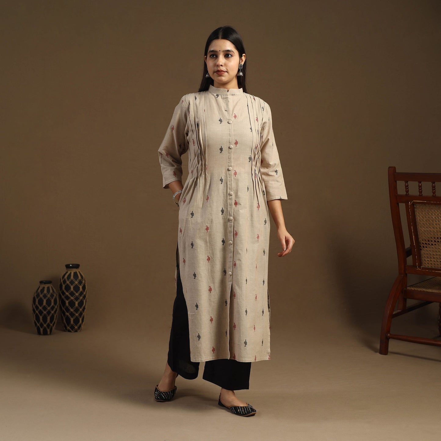 Beige Pintuck Straight Cotton Jacquard Kurta for Women