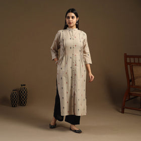 Beige Pintuck Straight Cotton Jacquard Kurta for Women