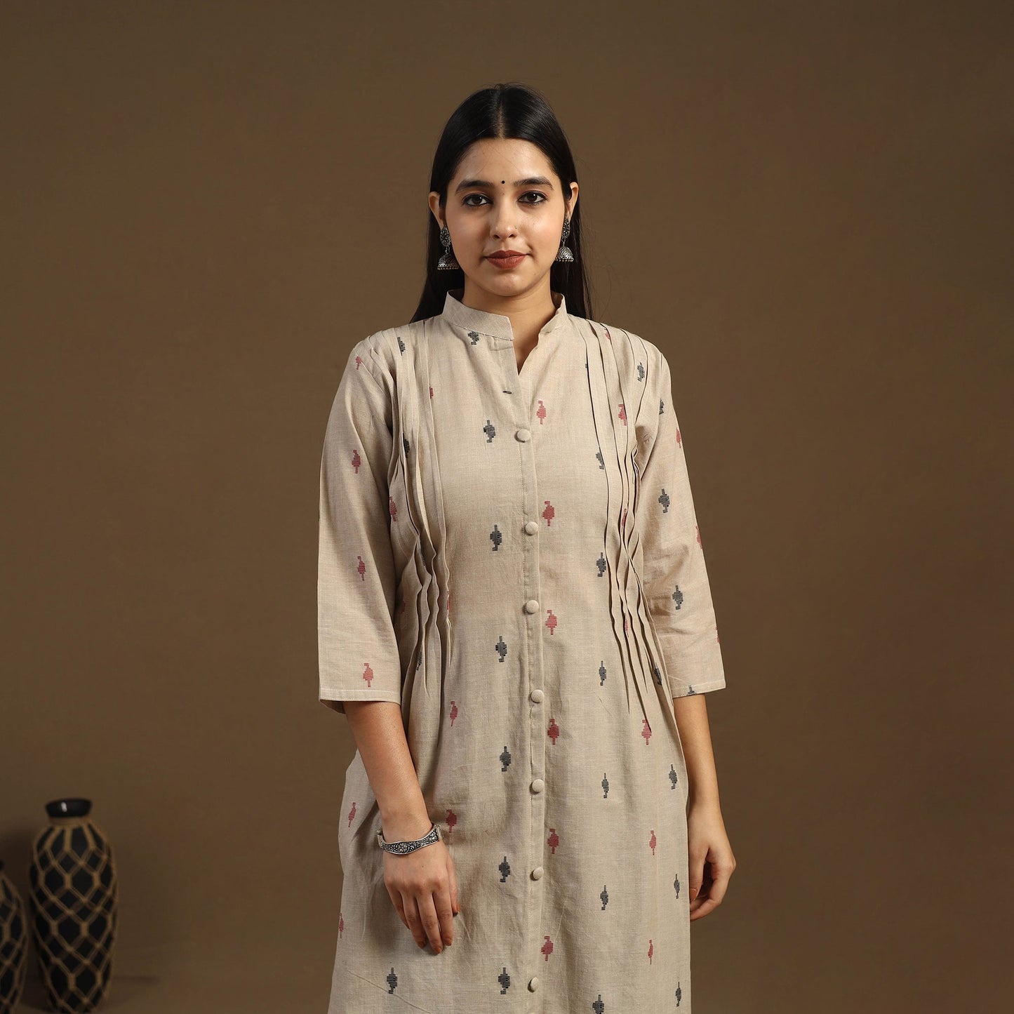Beige Pintuck Straight Cotton Jacquard Kurta for Women
