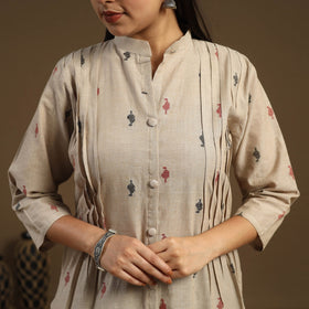 Beige Pintuck Straight Cotton Jacquard Kurta for Women