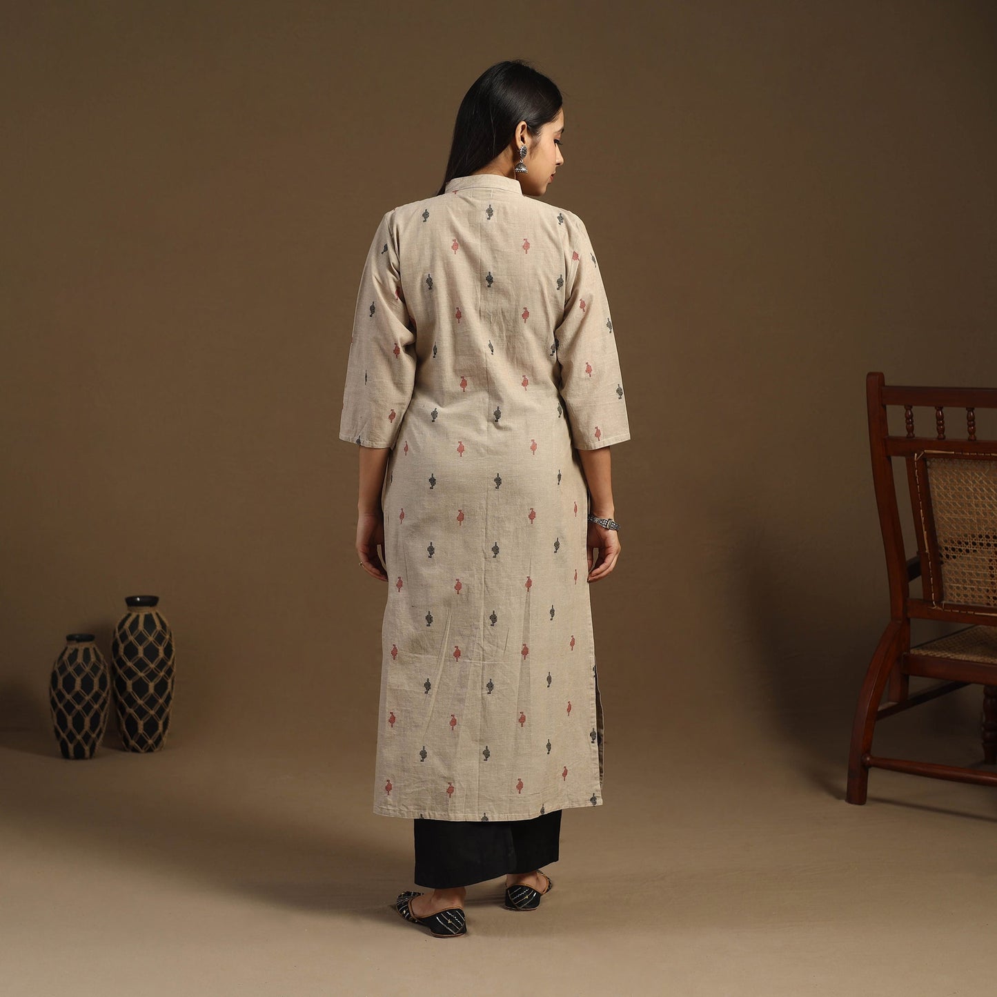 Beige Pintuck Straight Cotton Jacquard Kurta for Women