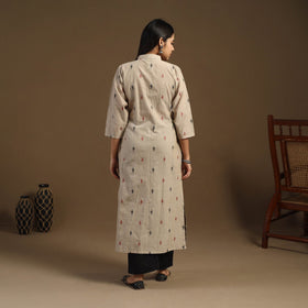 Beige Pintuck Straight Cotton Jacquard Kurta for Women