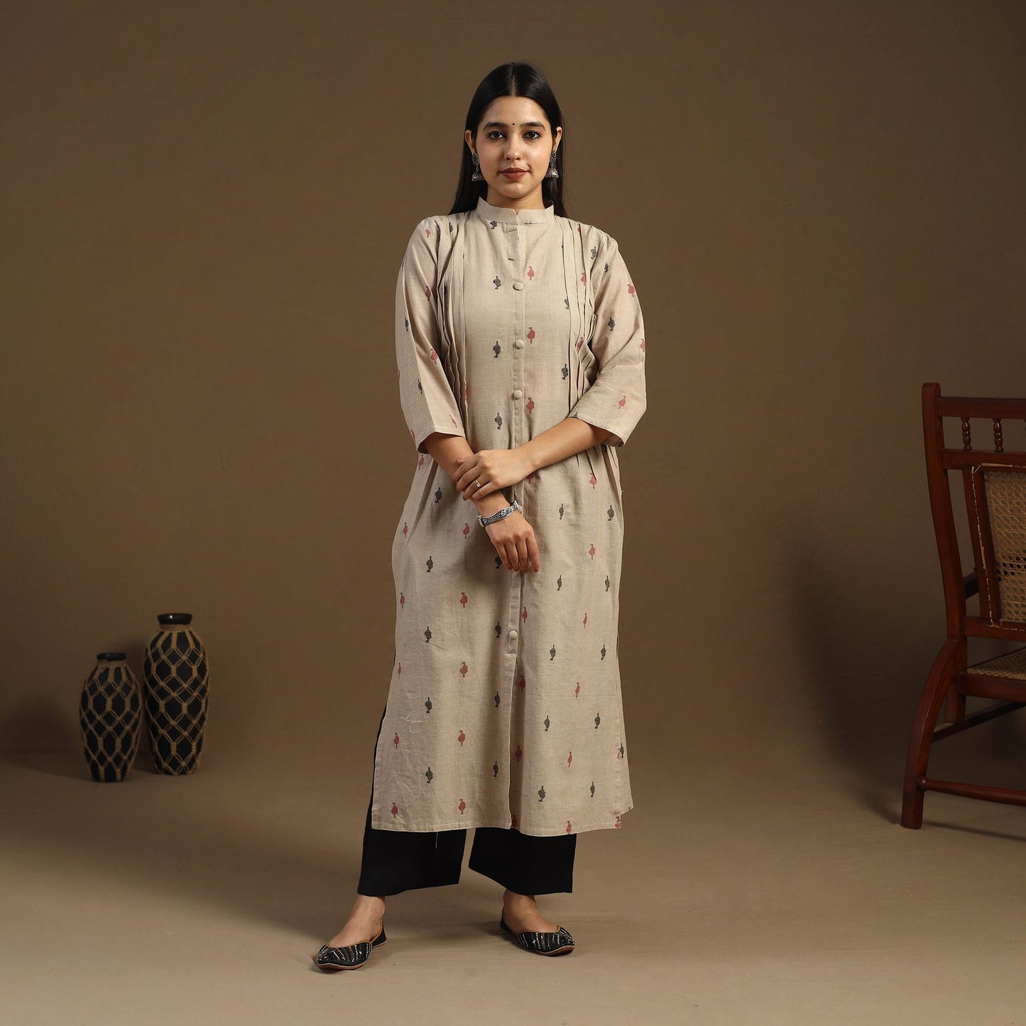 Beige Pintuck Straight Cotton Jacquard Kurta for Women