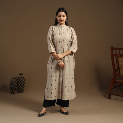 Beige Pintuck Straight Cotton Jacquard Kurta for Women