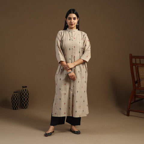 Beige Pintuck Straight Cotton Jacquard Kurta for Women