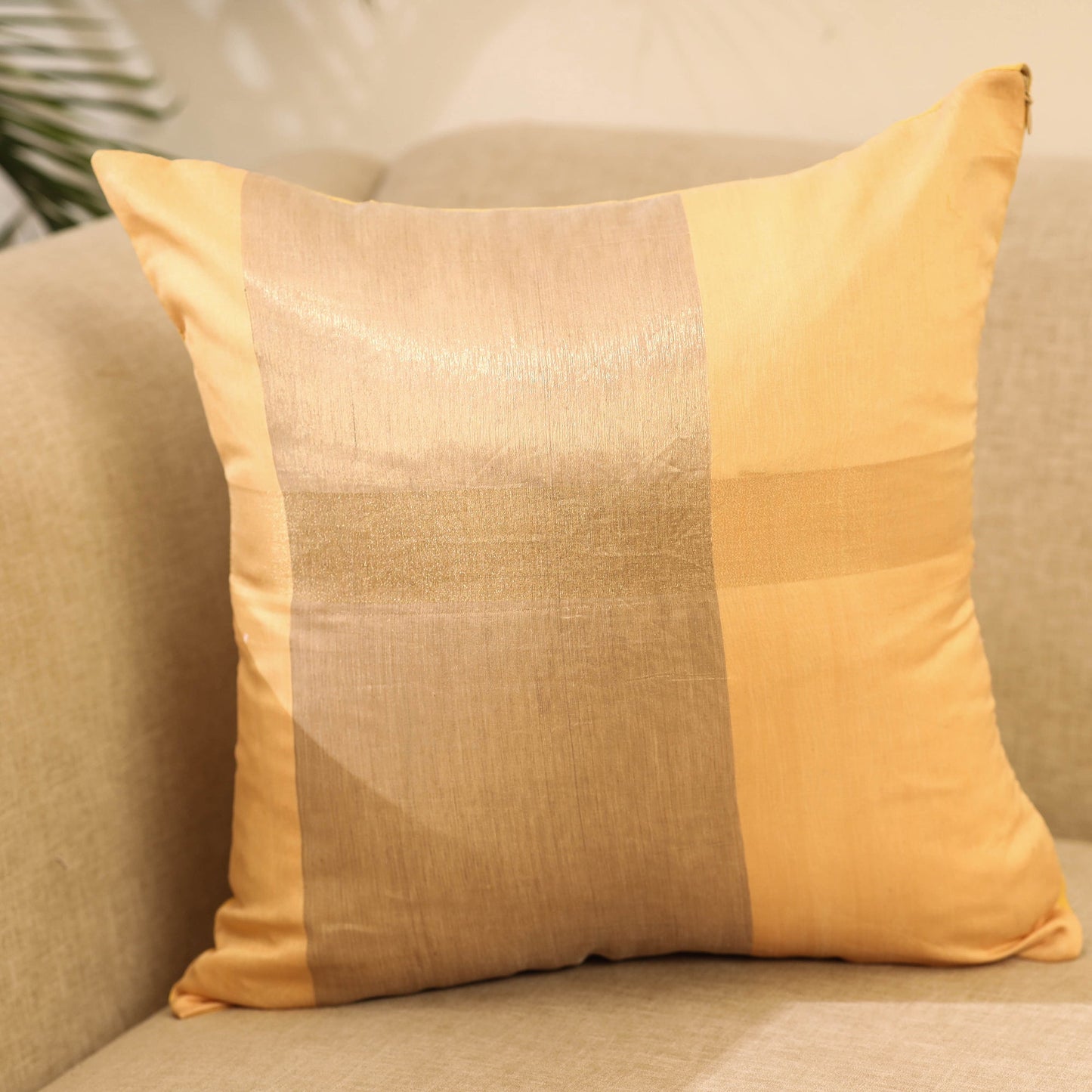 Buy Beige Plain Chanderi Silk Cushion Cover