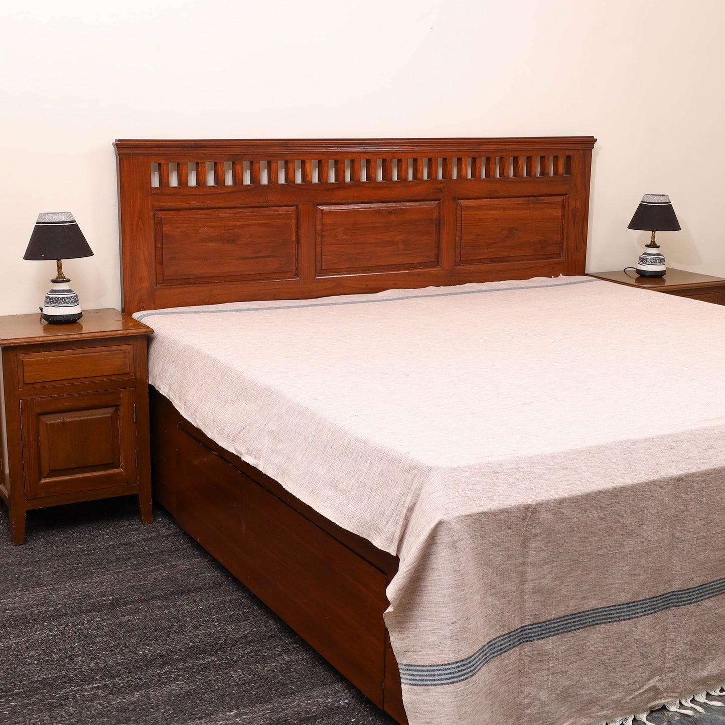 Beige - Plain Cotton Double Handloom Bed Cover (98 x 90 in) 03