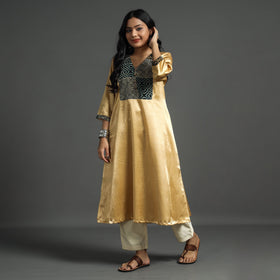 Beige - Plain Mashru Silk with Ajrakh Patchwork Floral A-Line Kurta